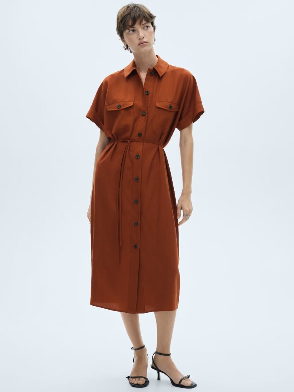 NWT MANGO MNG LYOCELL BUTTON SHIRT DRESS WITH TIE BELT IN RUST/CINNAMON SIZE 2